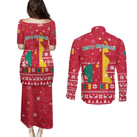 Cameroon Christmas Couples Matching Puletasi and Long Sleeve Button Shirt with Red Snowflake Pattern Traditional Santa and Map Motif - Wonder Print Shop
