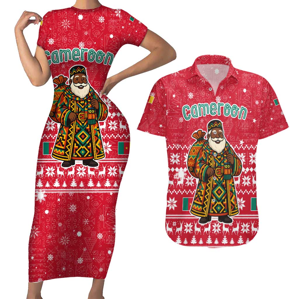 Cameroon Christmas Couples Matching Short Sleeve Bodycon Dress and Hawaiian Shirt with Red Snowflake Pattern Traditional Santa and Map Motif - Wonder Print Shop