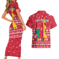 Cameroon Christmas Couples Matching Short Sleeve Bodycon Dress and Hawaiian Shirt with Red Snowflake Pattern Traditional Santa and Map Motif - Wonder Print Shop