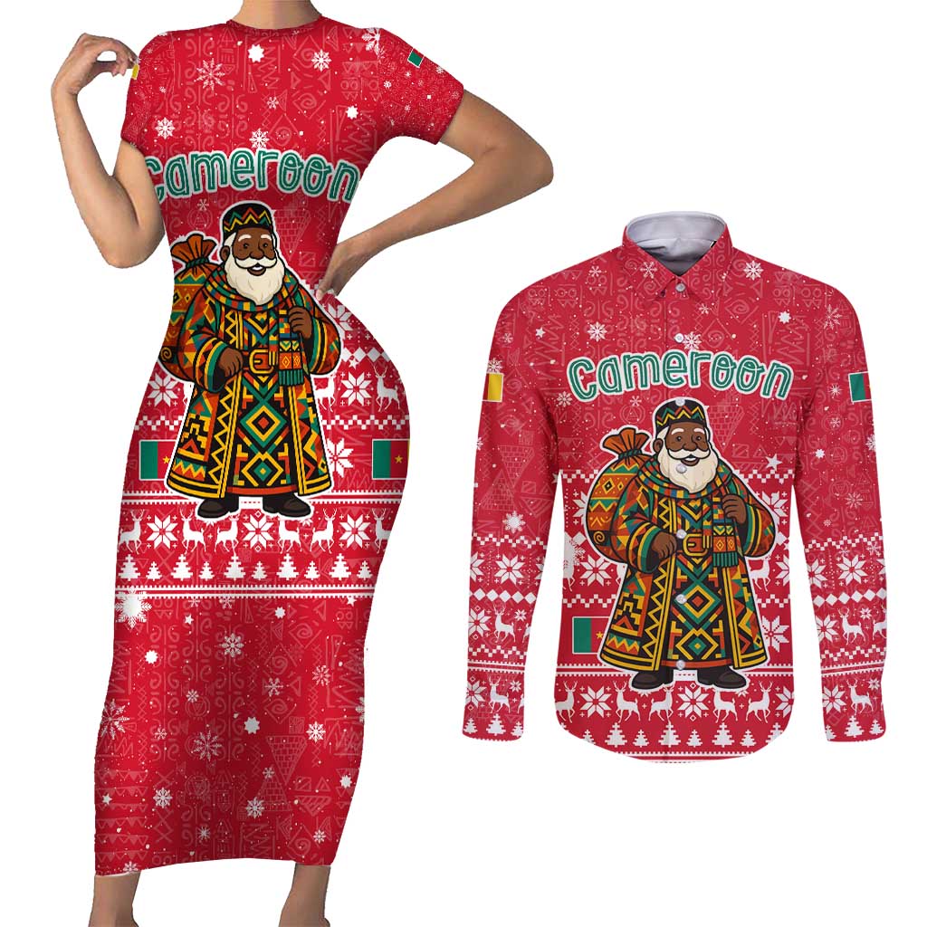 Cameroon Christmas Couples Matching Short Sleeve Bodycon Dress and Long Sleeve Button Shirt with Red Snowflake Pattern Traditional Santa and Map Motif - Wonder Print Shop
