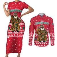 Cameroon Christmas Couples Matching Short Sleeve Bodycon Dress and Long Sleeve Button Shirt with Red Snowflake Pattern Traditional Santa and Map Motif - Wonder Print Shop