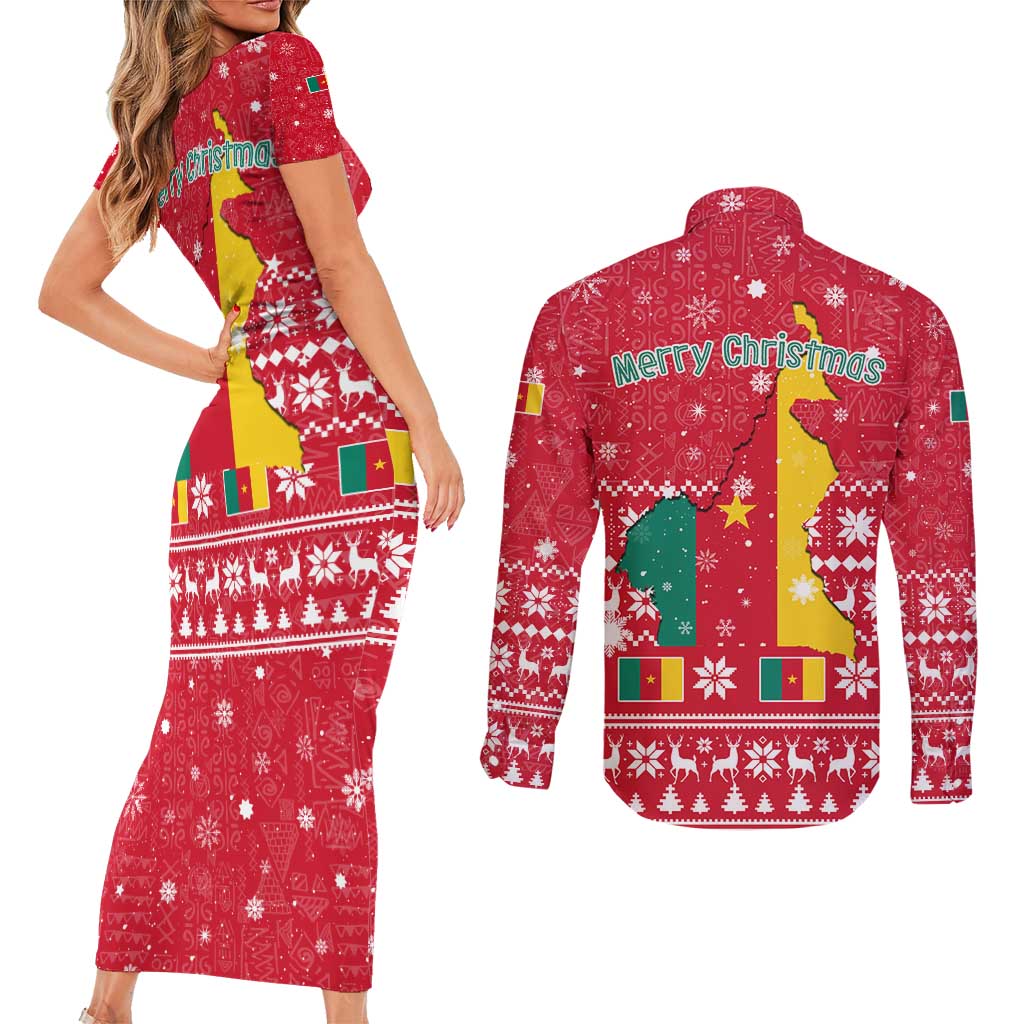 Cameroon Christmas Couples Matching Short Sleeve Bodycon Dress and Long Sleeve Button Shirt with Red Snowflake Pattern Traditional Santa and Map Motif - Wonder Print Shop