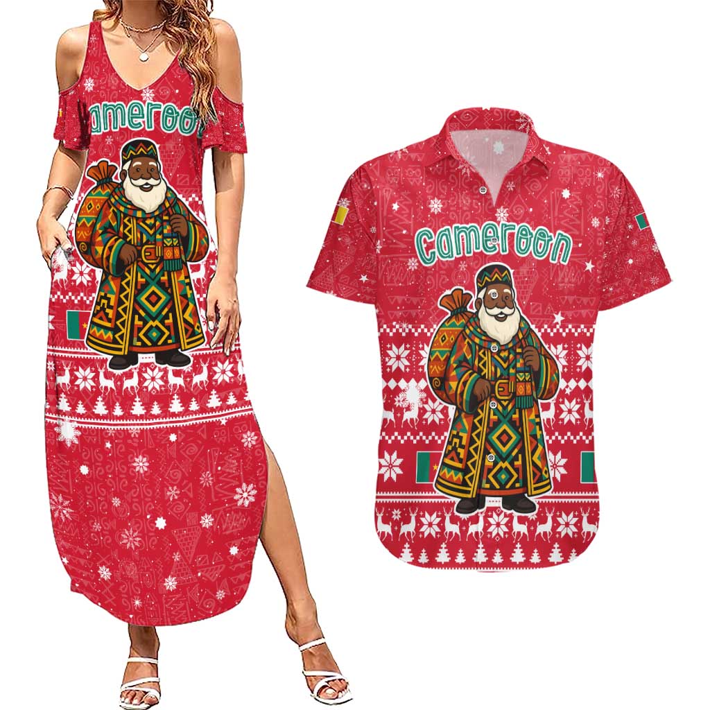 Cameroon Christmas Couples Matching Summer Maxi Dress and Hawaiian Shirt with Red Snowflake Pattern Traditional Santa and Map Motif - Wonder Print Shop