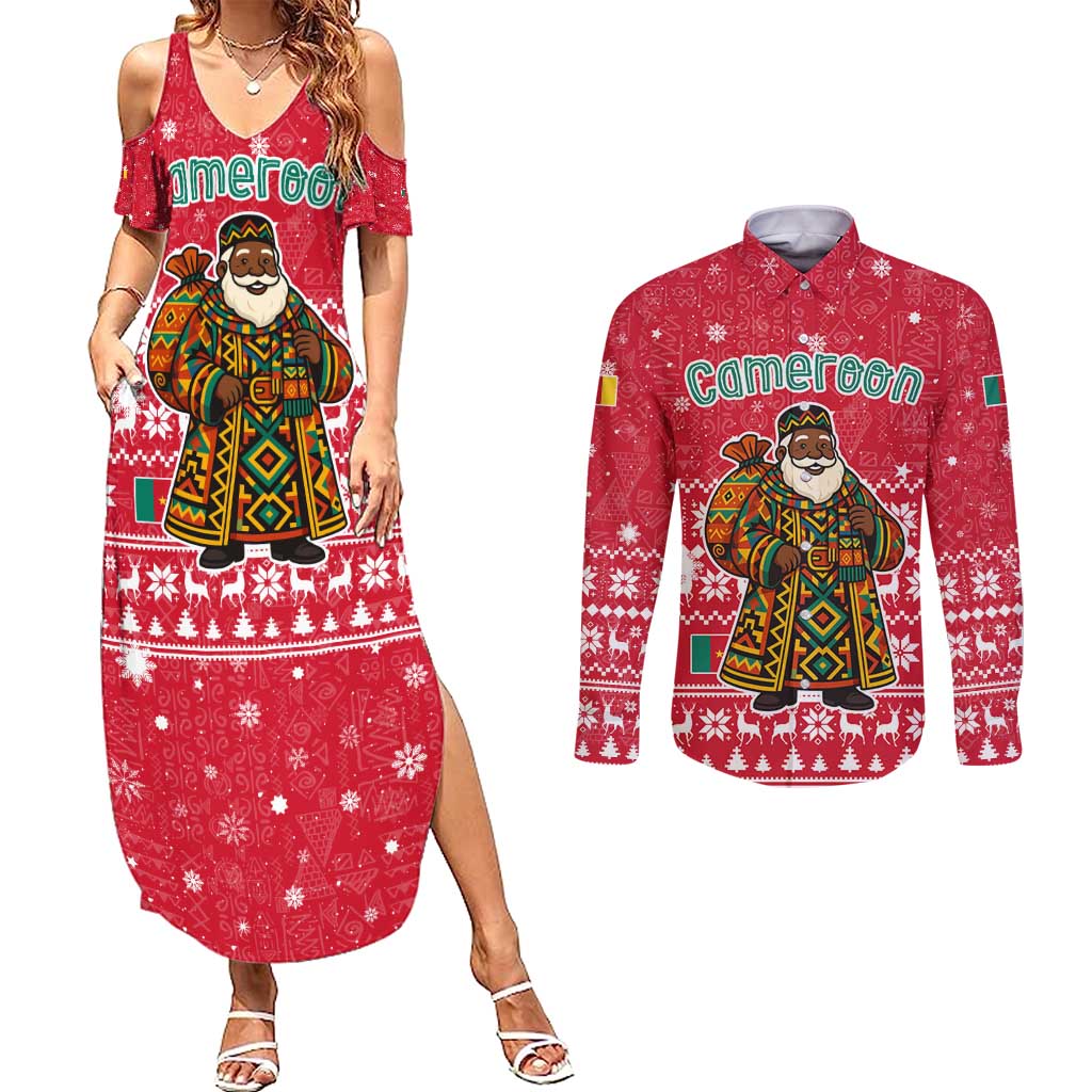 Cameroon Christmas Couples Matching Summer Maxi Dress and Long Sleeve Button Shirt with Red Snowflake Pattern Traditional Santa and Map Motif - Wonder Print Shop