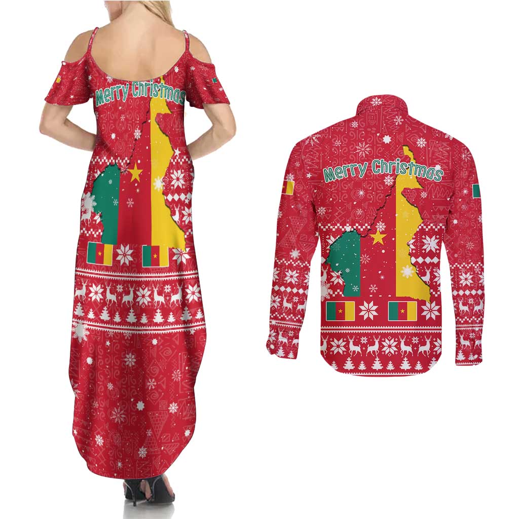 Cameroon Christmas Couples Matching Summer Maxi Dress and Long Sleeve Button Shirt with Red Snowflake Pattern Traditional Santa and Map Motif - Wonder Print Shop