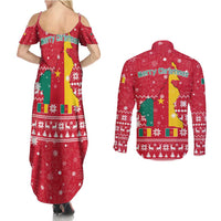 Cameroon Christmas Couples Matching Summer Maxi Dress and Long Sleeve Button Shirt with Red Snowflake Pattern Traditional Santa and Map Motif - Wonder Print Shop