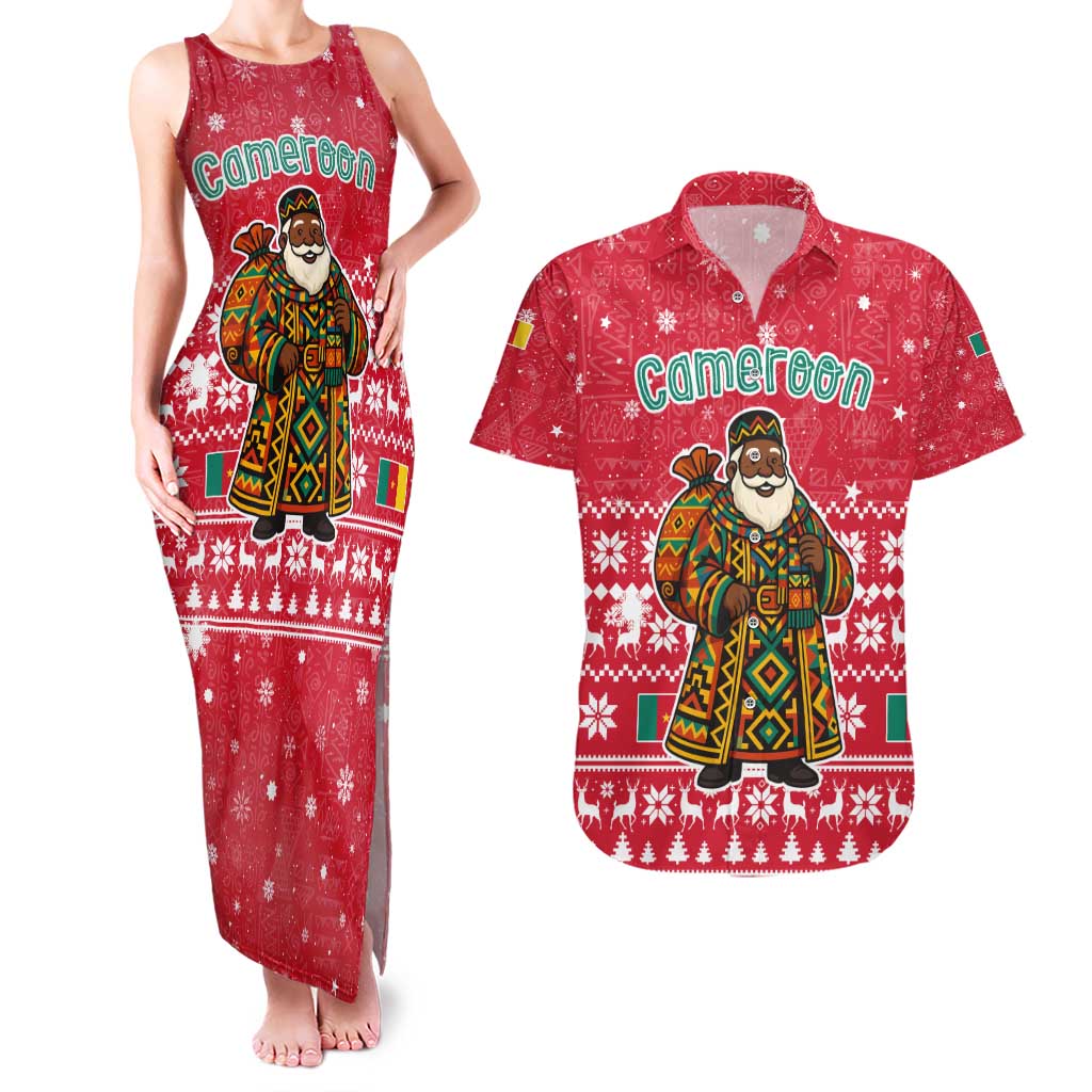 Cameroon Christmas Couples Matching Tank Maxi Dress and Hawaiian Shirt with Red Snowflake Pattern Traditional Santa and Map Motif - Wonder Print Shop