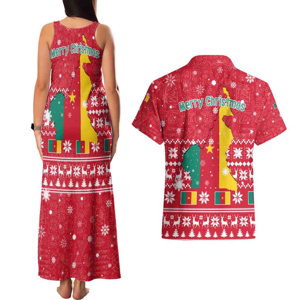 Cameroon Christmas Couples Matching Tank Maxi Dress and Hawaiian Shirt with Red Snowflake Pattern Traditional Santa and Map Motif - Wonder Print Shop