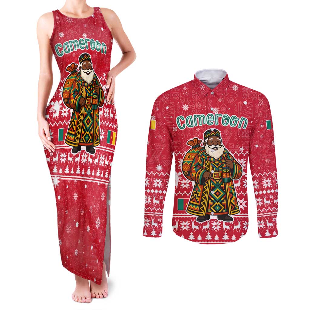 Cameroon Christmas Couples Matching Tank Maxi Dress and Long Sleeve Button Shirt with Red Snowflake Pattern Traditional Santa and Map Motif - Wonder Print Shop