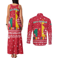 Cameroon Christmas Couples Matching Tank Maxi Dress and Long Sleeve Button Shirt with Red Snowflake Pattern Traditional Santa and Map Motif - Wonder Print Shop