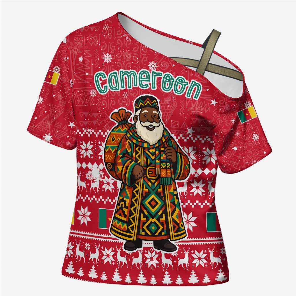 Cameroon Christmas Cross Shoulder Shirt with Red Snowflake Pattern Traditional Santa and Map Motif - Wonder Print Shop