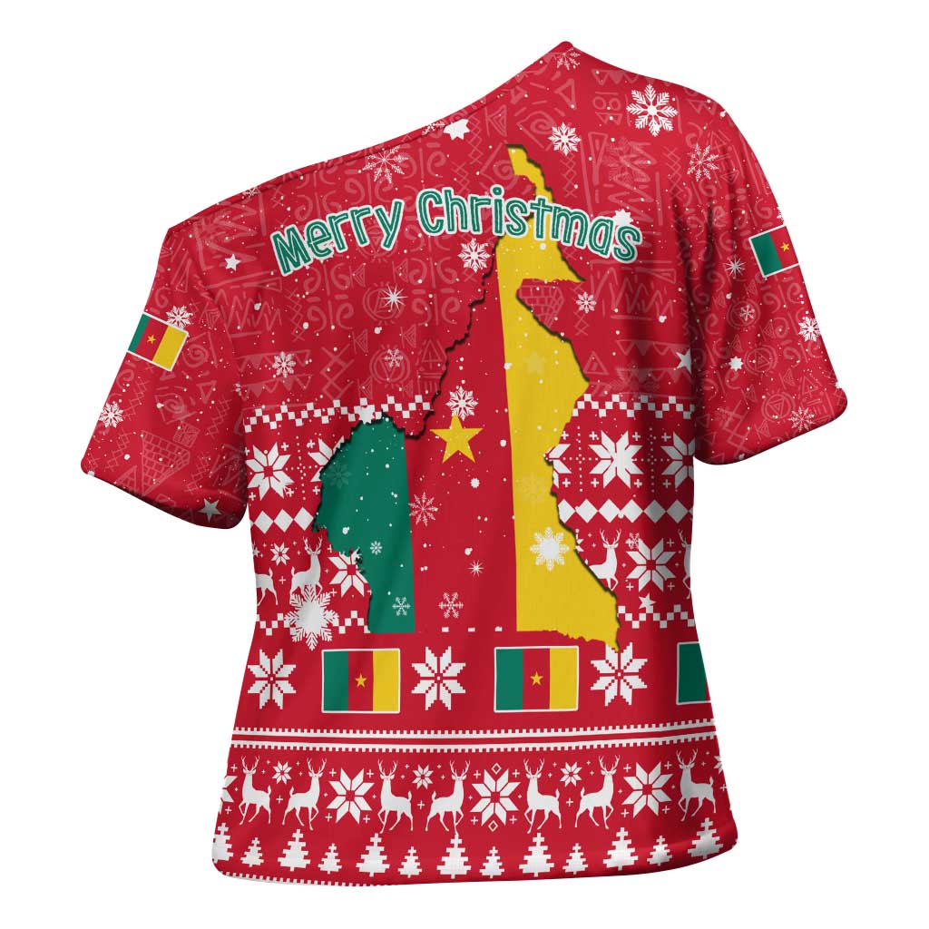 Cameroon Christmas Cross Shoulder Shirt with Red Snowflake Pattern Traditional Santa and Map Motif - Wonder Print Shop