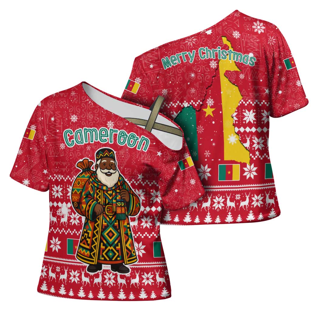 Cameroon Christmas Cross Shoulder Shirt with Red Snowflake Pattern Traditional Santa and Map Motif - Wonder Print Shop