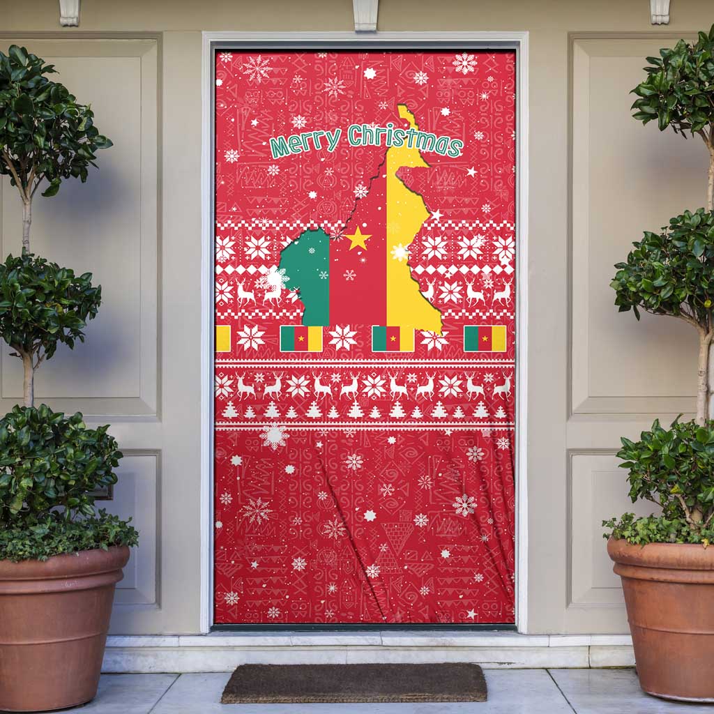 Cameroon Christmas Door Cover with Red Snowflake Pattern Traditional Santa and Map Motif - Wonder Print Shop