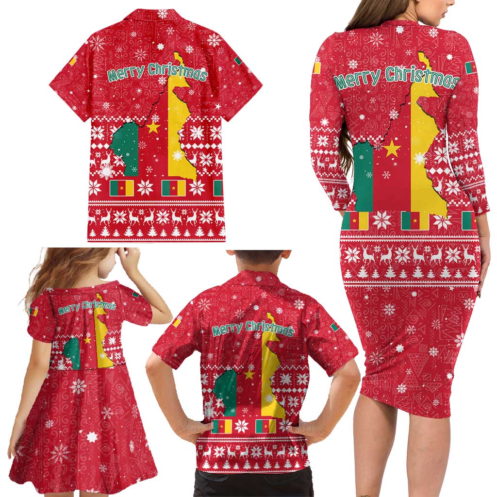 Cameroon Christmas Family Matching Long Sleeve Bodycon Dress and Hawaiian Shirt with Red Snowflake Pattern Traditional Santa and Map Motif - Wonder Print Shop
