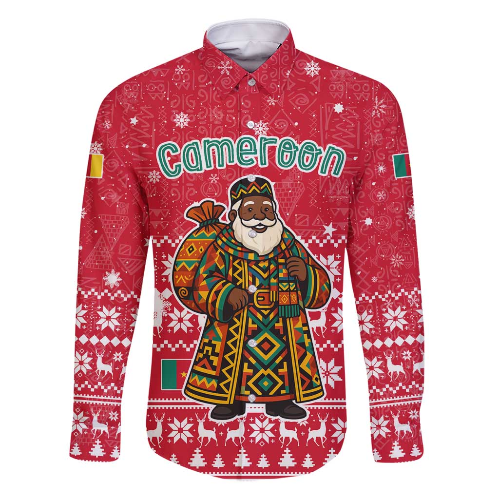 Cameroon Christmas Family Matching Long Sleeve Bodycon Dress and Hawaiian Shirt with Red Snowflake Pattern Traditional Santa and Map Motif - Wonder Print Shop