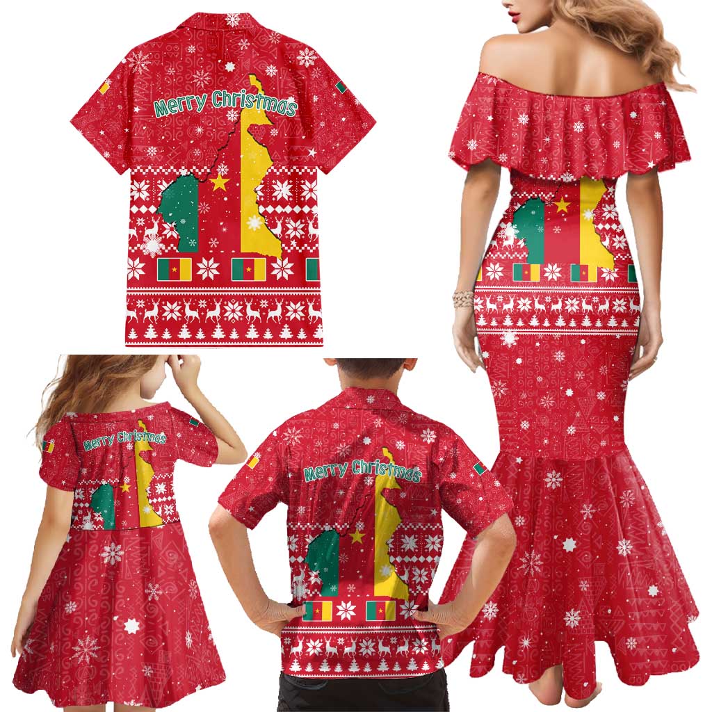 Cameroon Christmas Family Matching Mermaid Dress and Hawaiian Shirt with Red Snowflake Pattern Traditional Santa and Map Motif - Wonder Print Shop