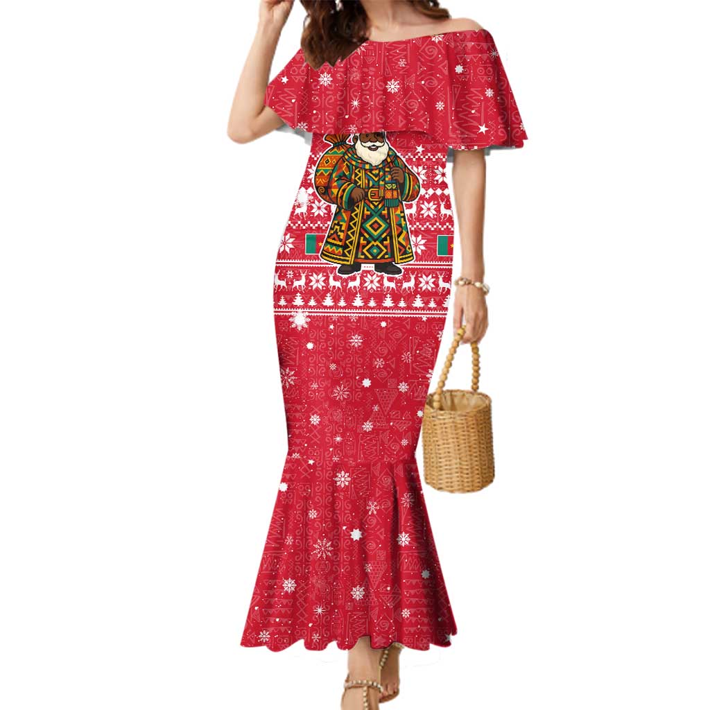 Cameroon Christmas Family Matching Mermaid Dress and Hawaiian Shirt with Red Snowflake Pattern Traditional Santa and Map Motif - Wonder Print Shop
