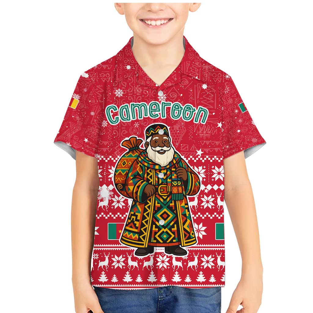 Cameroon Christmas Family Matching Mermaid Dress and Hawaiian Shirt with Red Snowflake Pattern Traditional Santa and Map Motif - Wonder Print Shop
