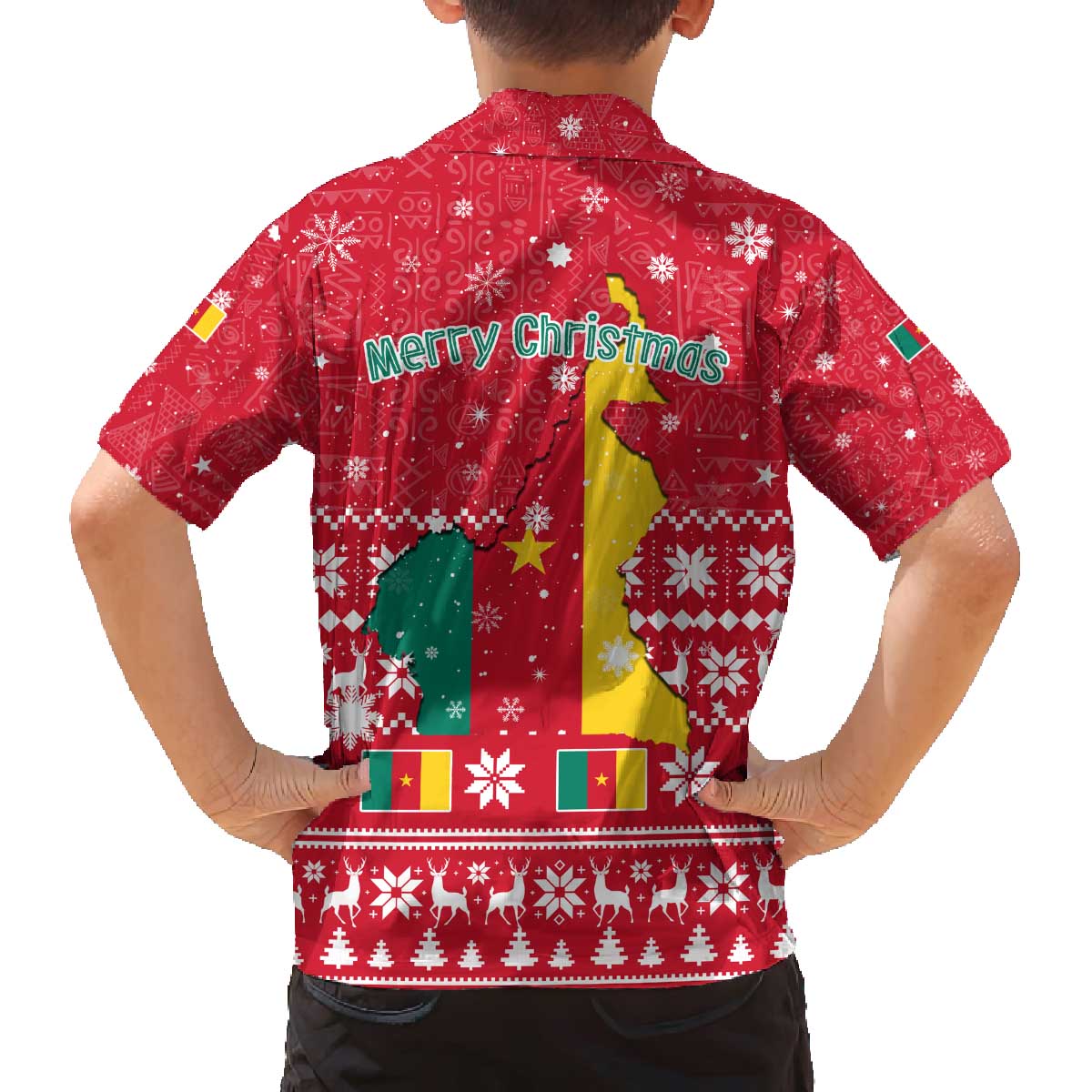 Cameroon Christmas Family Matching Off The Shoulder Long Sleeve Dress and Hawaiian Shirt with Red Snowflake Pattern Traditional Santa and Map Motif - Wonder Print Shop