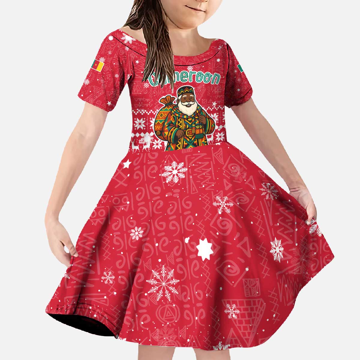 Cameroon Christmas Family Matching Off The Shoulder Long Sleeve Dress and Hawaiian Shirt with Red Snowflake Pattern Traditional Santa and Map Motif - Wonder Print Shop