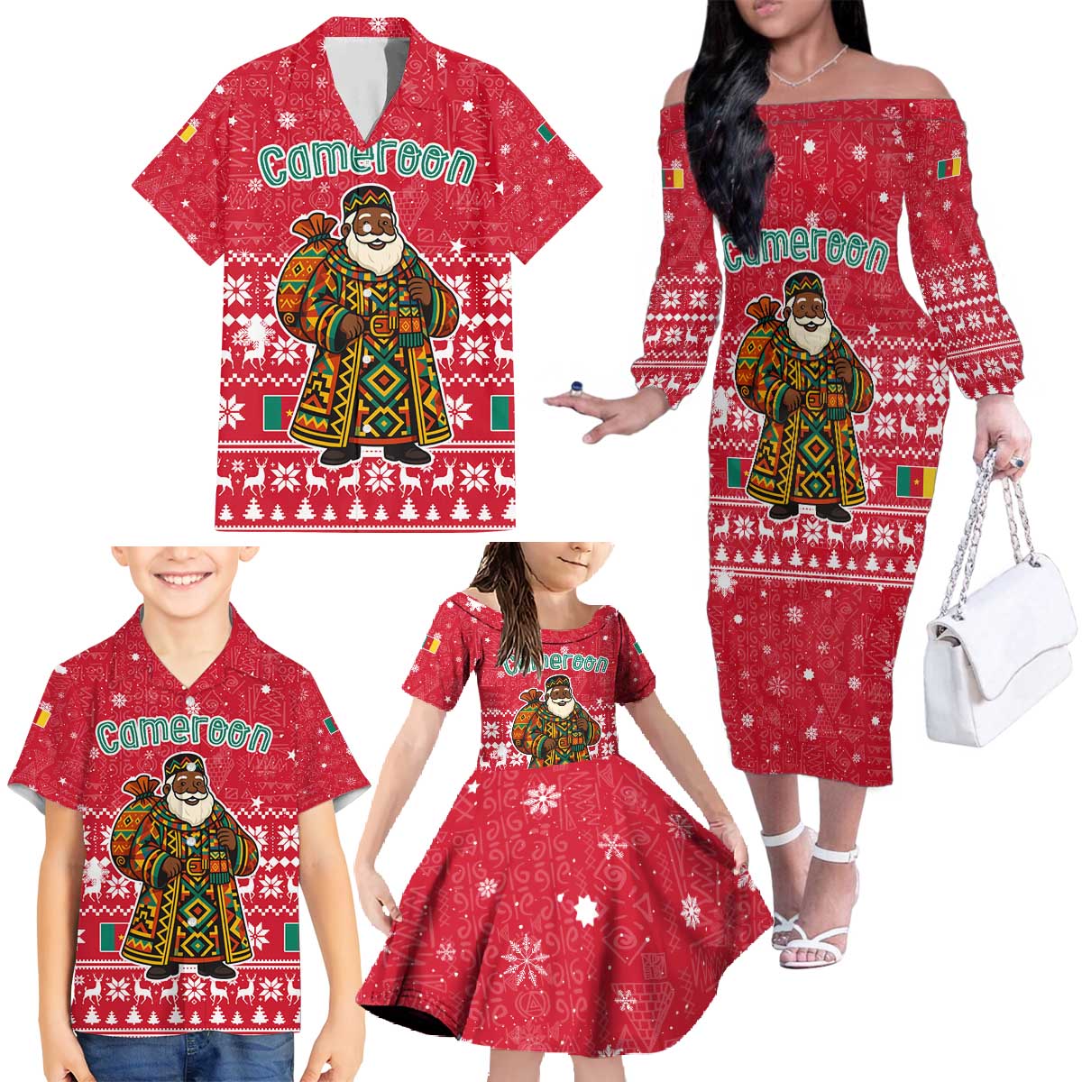 Cameroon Christmas Family Matching Off The Shoulder Long Sleeve Dress and Hawaiian Shirt with Red Snowflake Pattern Traditional Santa and Map Motif - Wonder Print Shop