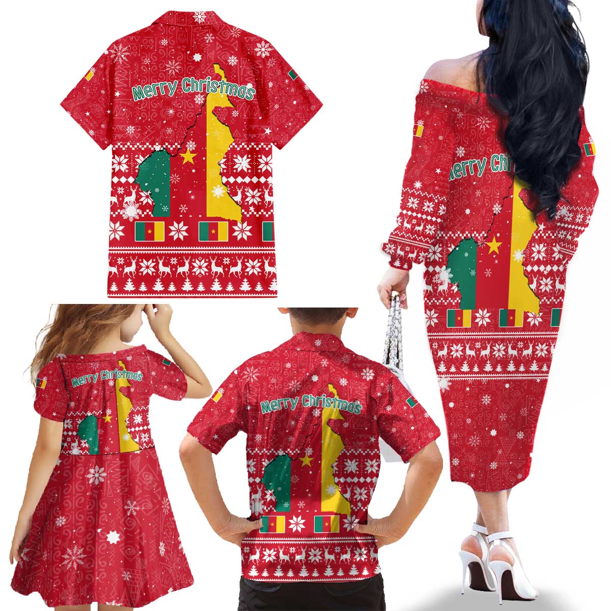 Cameroon Christmas Family Matching Off The Shoulder Long Sleeve Dress and Hawaiian Shirt with Red Snowflake Pattern Traditional Santa and Map Motif - Wonder Print Shop