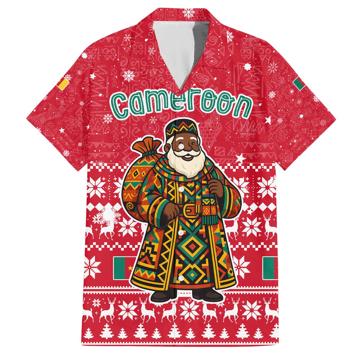 Cameroon Christmas Family Matching Off The Shoulder Long Sleeve Dress and Hawaiian Shirt with Red Snowflake Pattern Traditional Santa and Map Motif - Wonder Print Shop