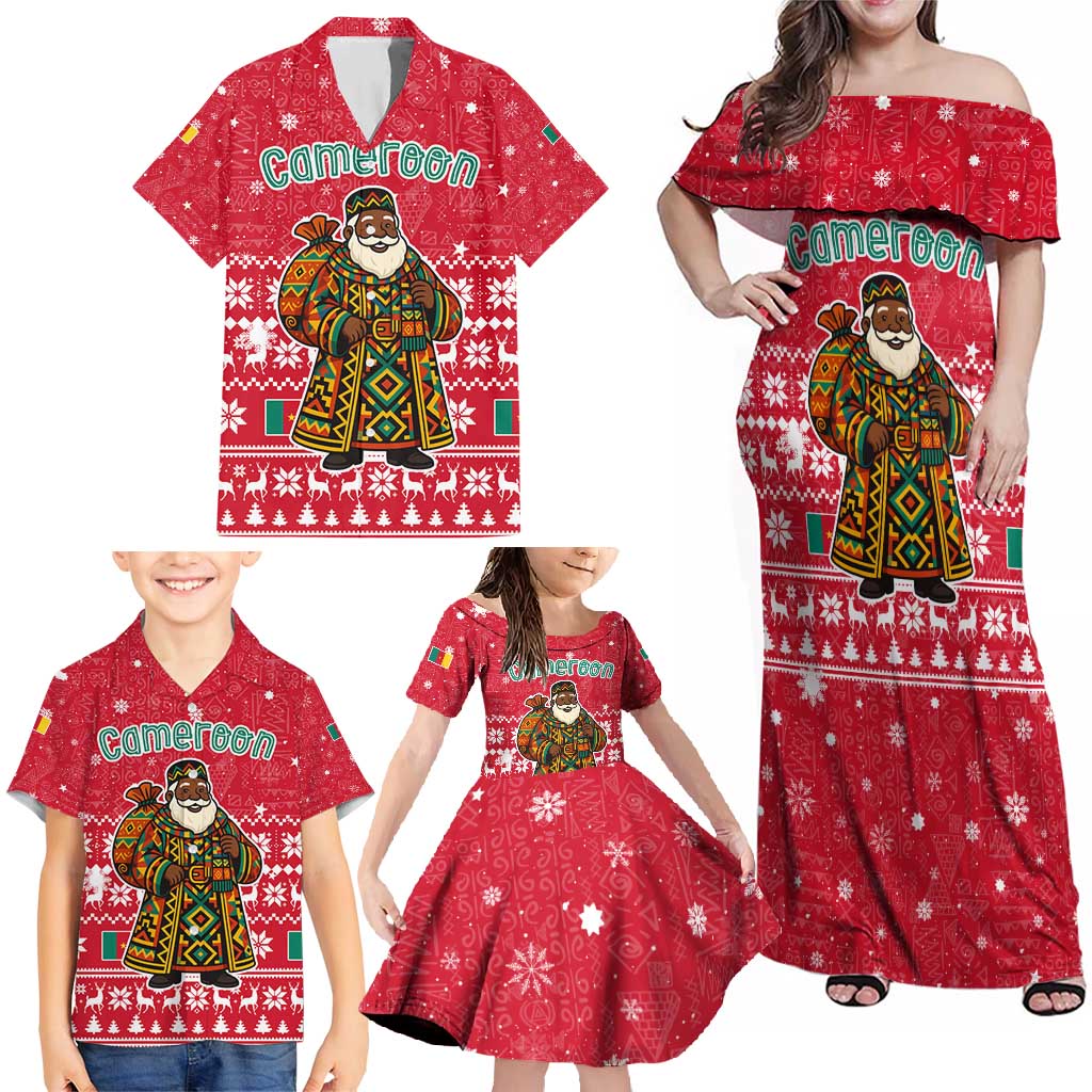 Cameroon Christmas Family Matching Off Shoulder Maxi Dress and Hawaiian Shirt with Red Snowflake Pattern Traditional Santa and Map Motif - Wonder Print Shop