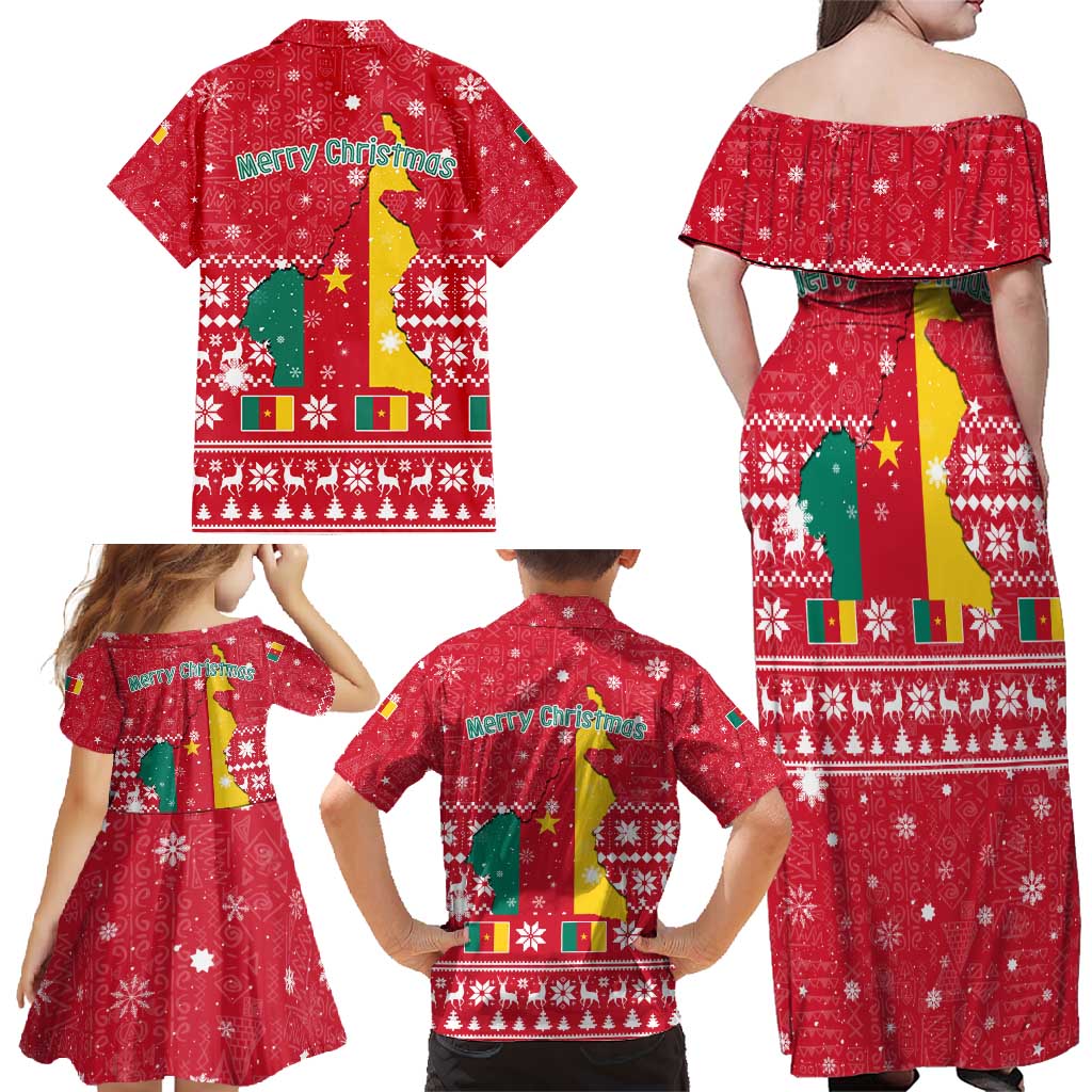 Cameroon Christmas Family Matching Off Shoulder Maxi Dress and Hawaiian Shirt with Red Snowflake Pattern Traditional Santa and Map Motif - Wonder Print Shop