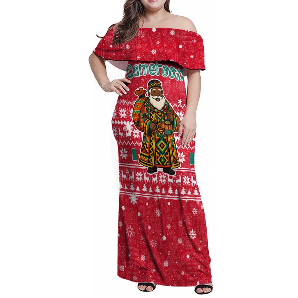 Cameroon Christmas Family Matching Off Shoulder Maxi Dress and Hawaiian Shirt with Red Snowflake Pattern Traditional Santa and Map Motif - Wonder Print Shop