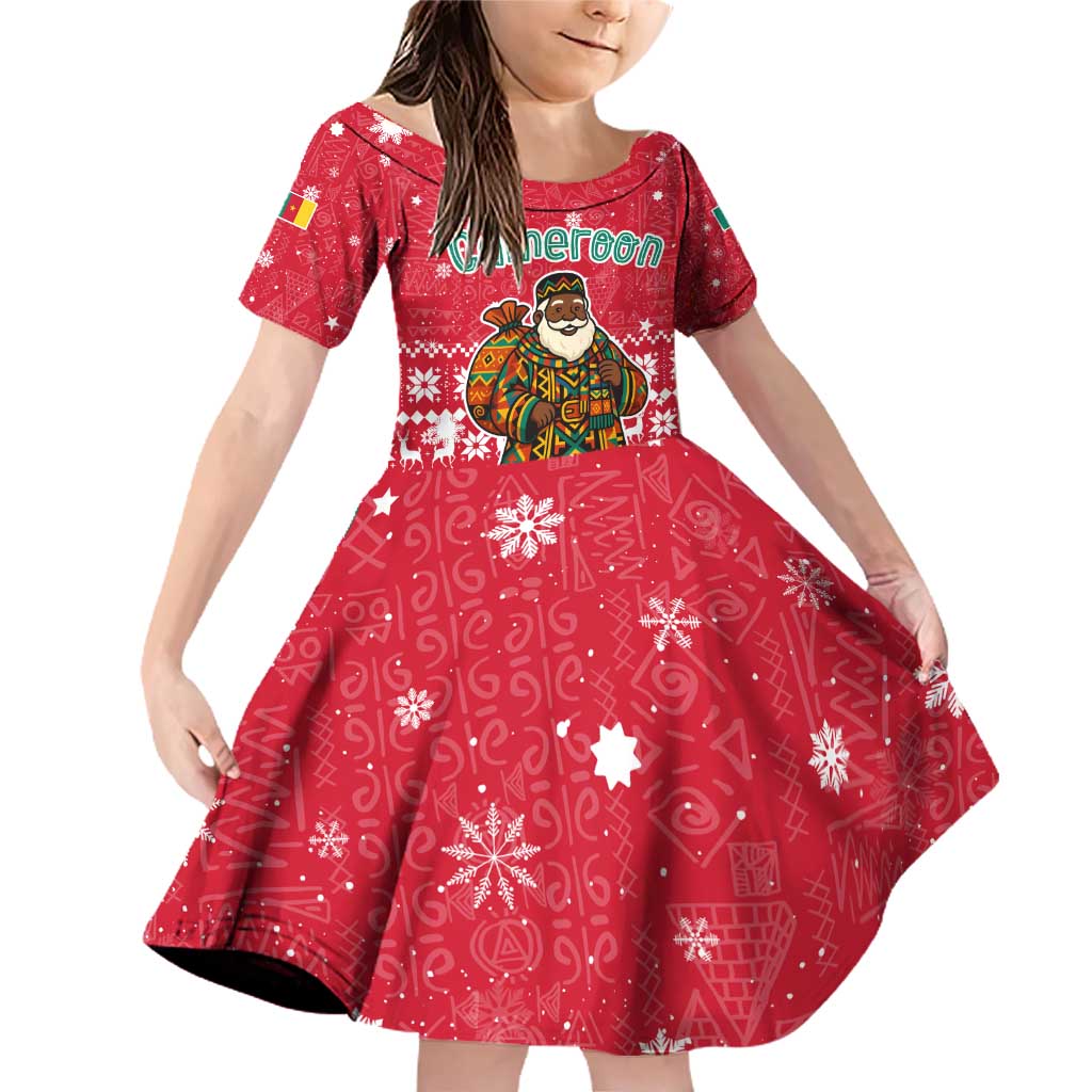Cameroon Christmas Family Matching Off Shoulder Short Dress and Hawaiian Shirt with Red Snowflake Pattern Traditional Santa and Map Motif - Wonder Print Shop
