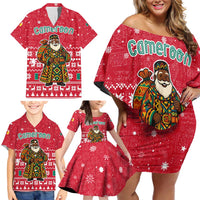 Cameroon Christmas Family Matching Off Shoulder Short Dress and Hawaiian Shirt with Red Snowflake Pattern Traditional Santa and Map Motif - Wonder Print Shop