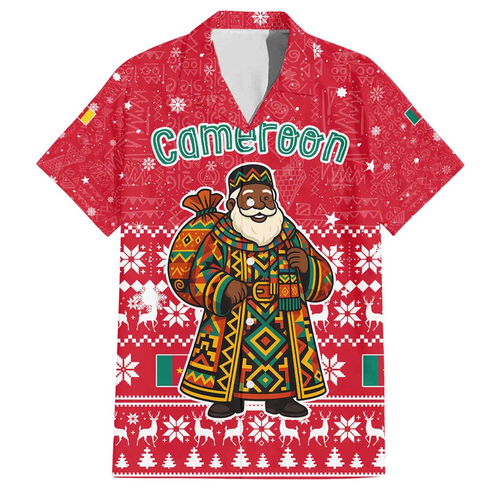 Cameroon Christmas Family Matching Off Shoulder Short Dress and Hawaiian Shirt with Red Snowflake Pattern Traditional Santa and Map Motif - Wonder Print Shop