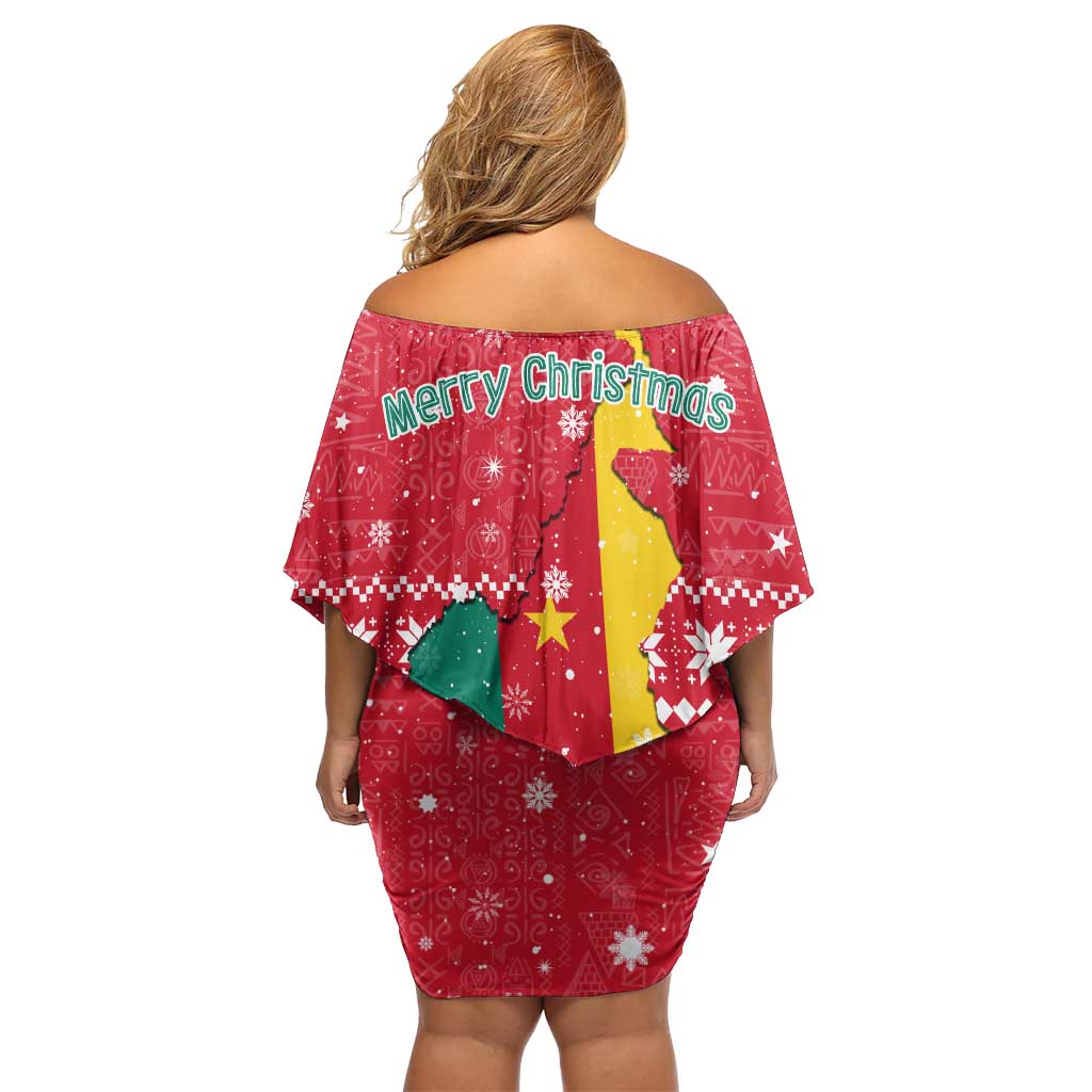 Cameroon Christmas Family Matching Off Shoulder Short Dress and Hawaiian Shirt with Red Snowflake Pattern Traditional Santa and Map Motif - Wonder Print Shop