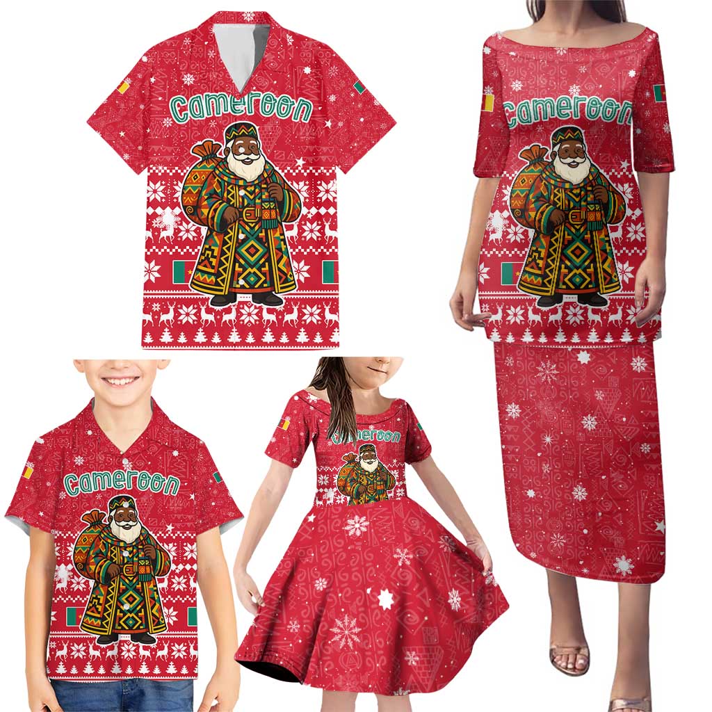 Cameroon Christmas Family Matching Puletasi and Hawaiian Shirt with Red Snowflake Pattern Traditional Santa and Map Motif - Wonder Print Shop