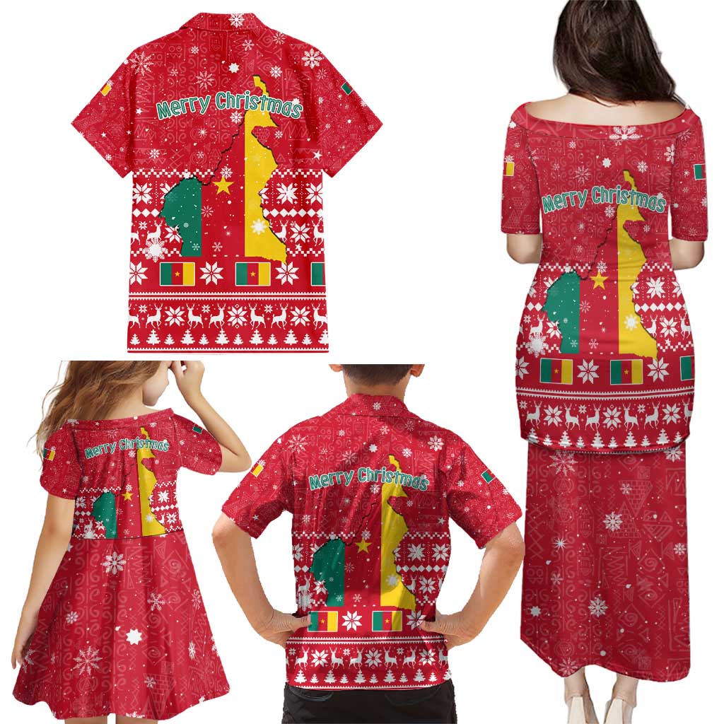 Cameroon Christmas Family Matching Puletasi and Hawaiian Shirt with Red Snowflake Pattern Traditional Santa and Map Motif - Wonder Print Shop
