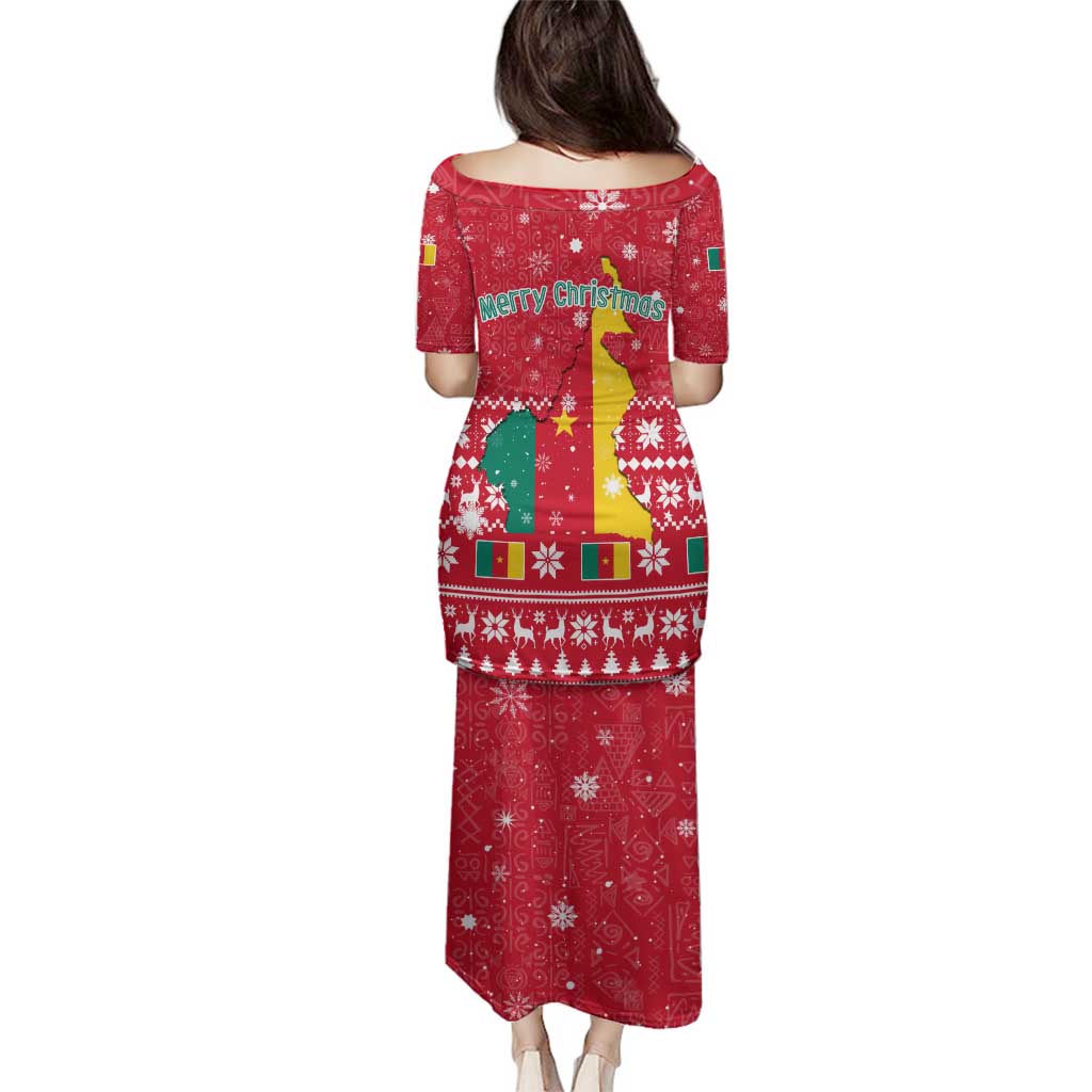 Cameroon Christmas Family Matching Puletasi and Hawaiian Shirt with Red Snowflake Pattern Traditional Santa and Map Motif - Wonder Print Shop