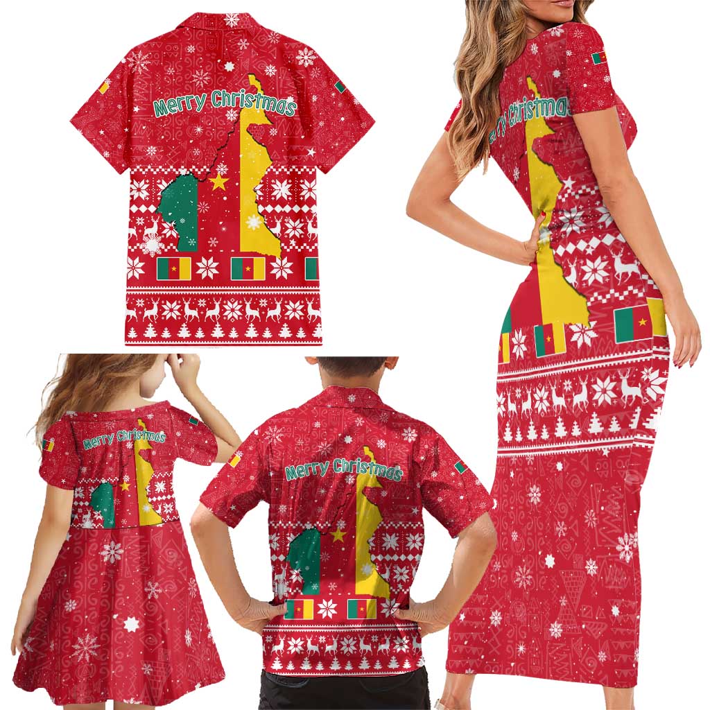 Cameroon Christmas Family Matching Short Sleeve Bodycon Dress and Hawaiian Shirt with Red Snowflake Pattern Traditional Santa and Map Motif - Wonder Print Shop
