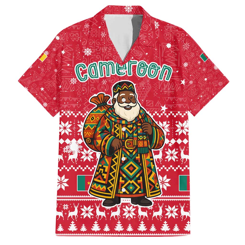 Cameroon Christmas Family Matching Short Sleeve Bodycon Dress and Hawaiian Shirt with Red Snowflake Pattern Traditional Santa and Map Motif - Wonder Print Shop