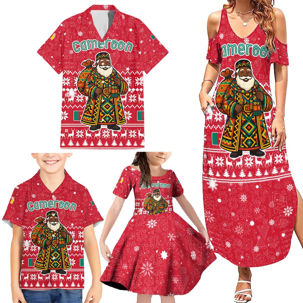 Cameroon Christmas Family Matching Summer Maxi Dress and Hawaiian Shirt with Red Snowflake Pattern Traditional Santa and Map Motif - Wonder Print Shop
