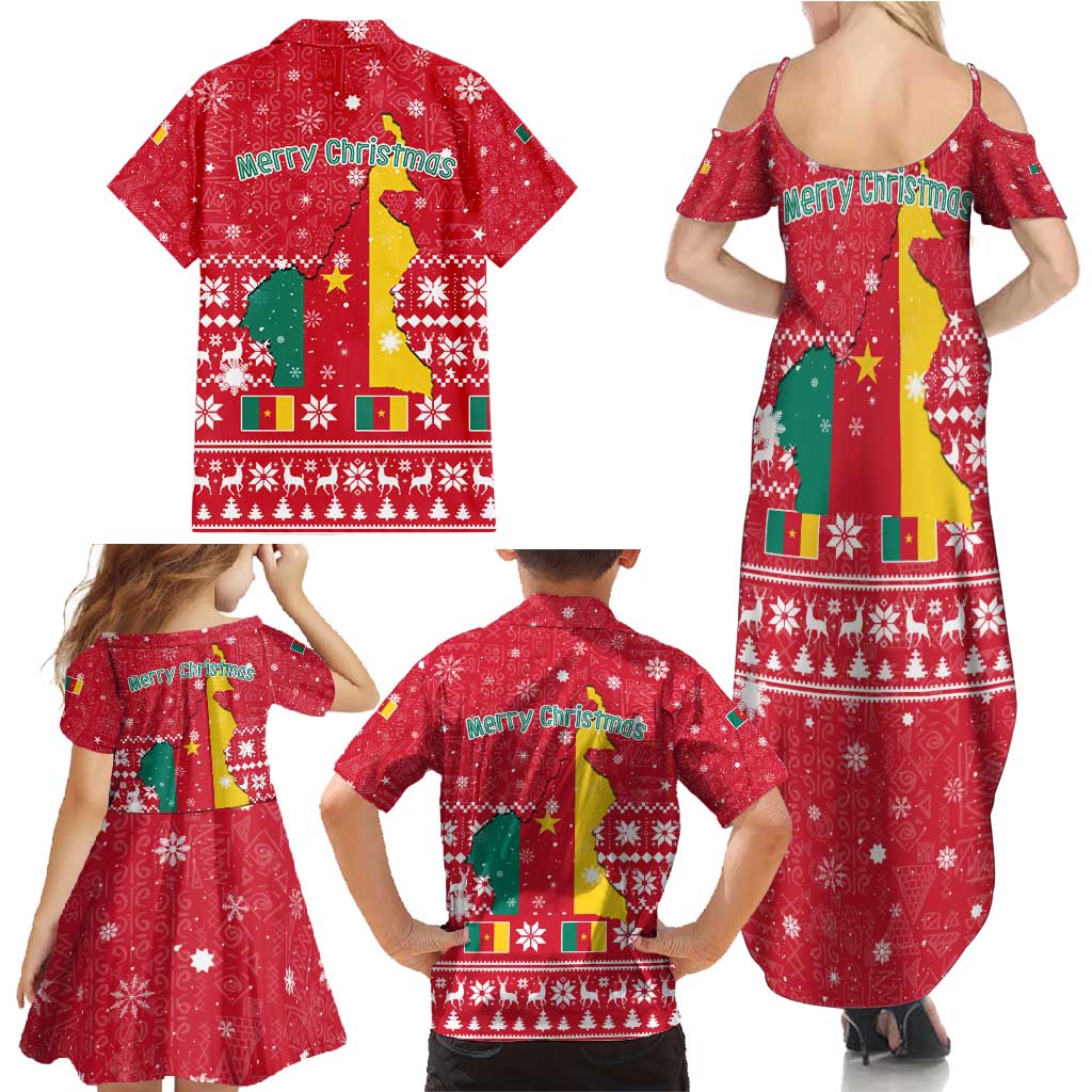 Cameroon Christmas Family Matching Summer Maxi Dress and Hawaiian Shirt with Red Snowflake Pattern Traditional Santa and Map Motif - Wonder Print Shop