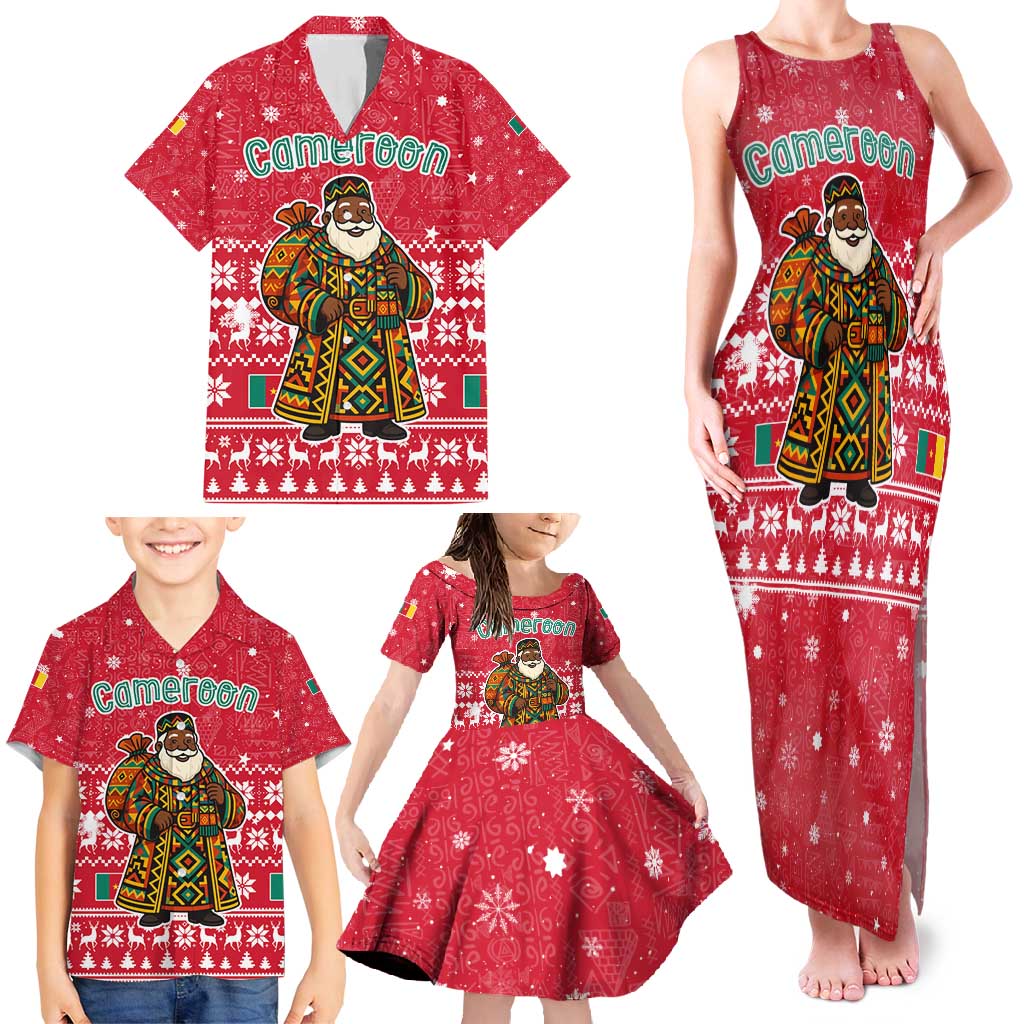 Cameroon Christmas Family Matching Tank Maxi Dress and Hawaiian Shirt with Red Snowflake Pattern Traditional Santa and Map Motif - Wonder Print Shop