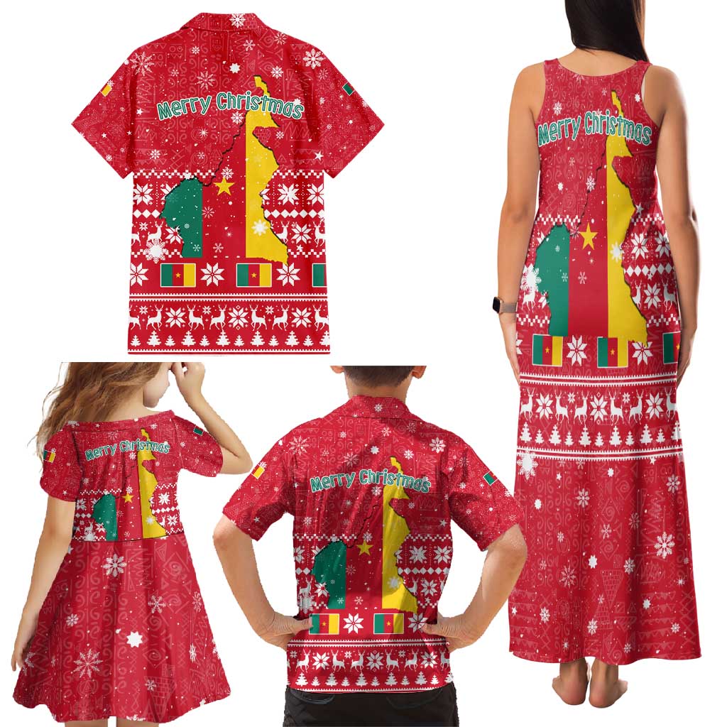 Cameroon Christmas Family Matching Tank Maxi Dress and Hawaiian Shirt with Red Snowflake Pattern Traditional Santa and Map Motif - Wonder Print Shop