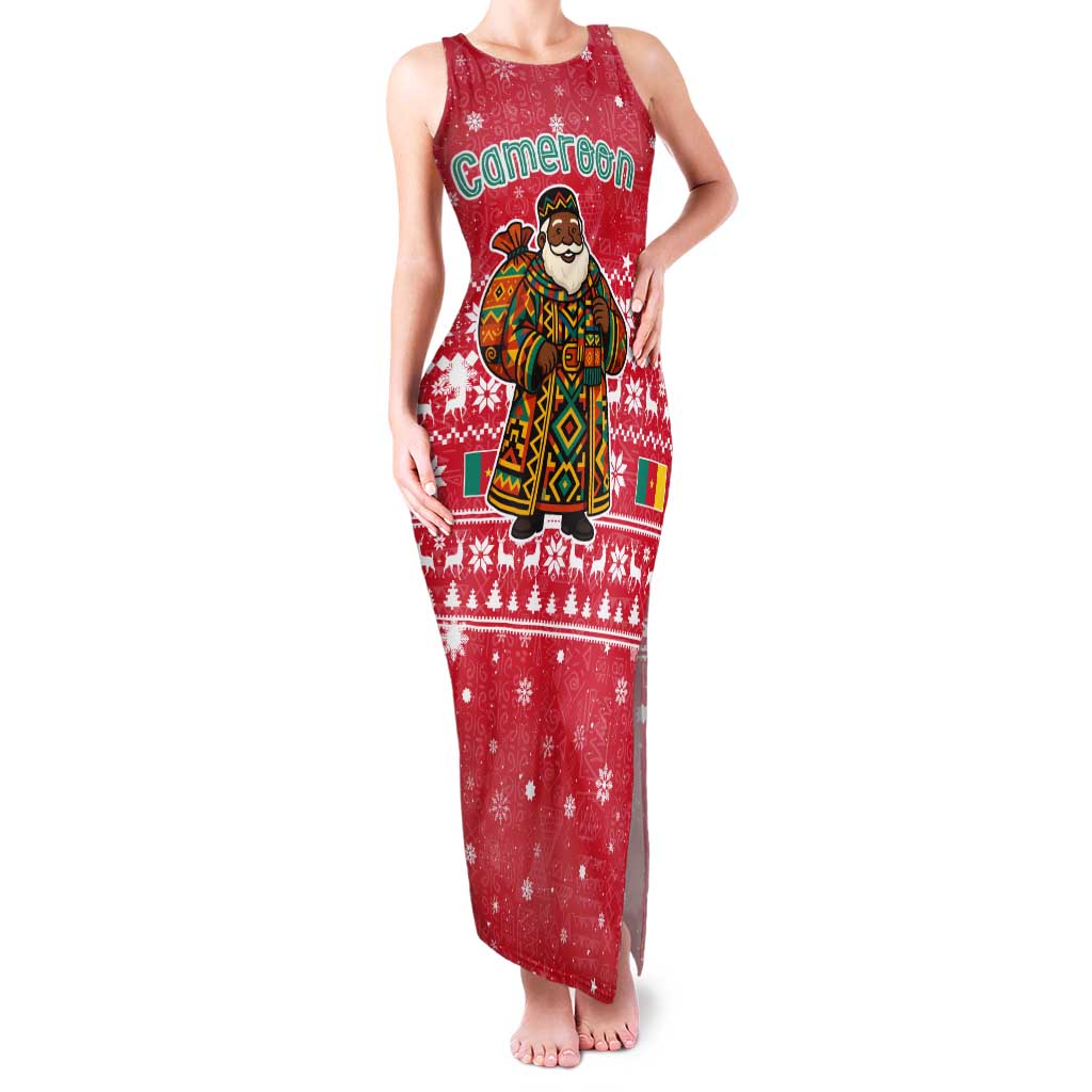 Cameroon Christmas Family Matching Tank Maxi Dress and Hawaiian Shirt with Red Snowflake Pattern Traditional Santa and Map Motif - Wonder Print Shop