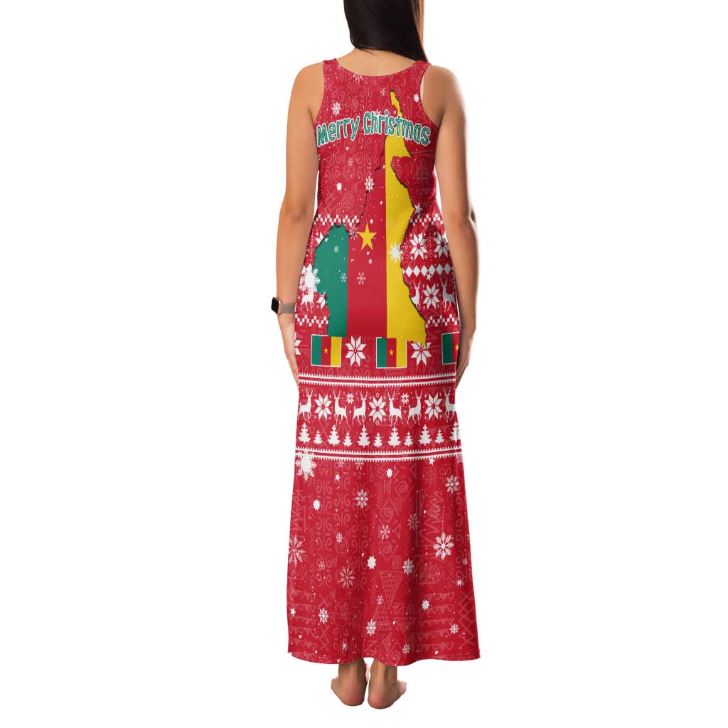Cameroon Christmas Family Matching Tank Maxi Dress and Hawaiian Shirt with Red Snowflake Pattern Traditional Santa and Map Motif - Wonder Print Shop