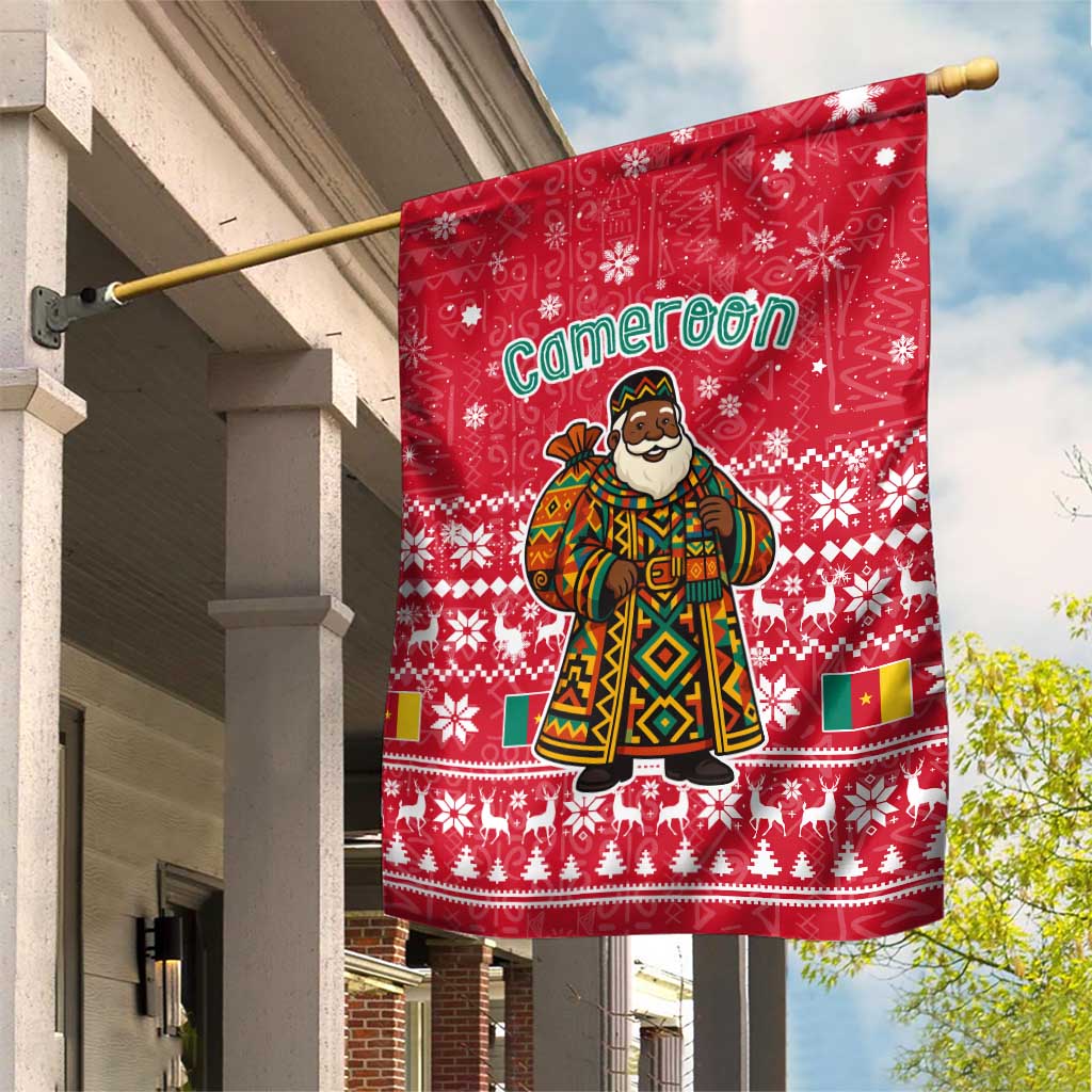 Cameroon Christmas Garden Flag with Red Snowflake Pattern Traditional Santa and Map Motif - Wonder Print Shop