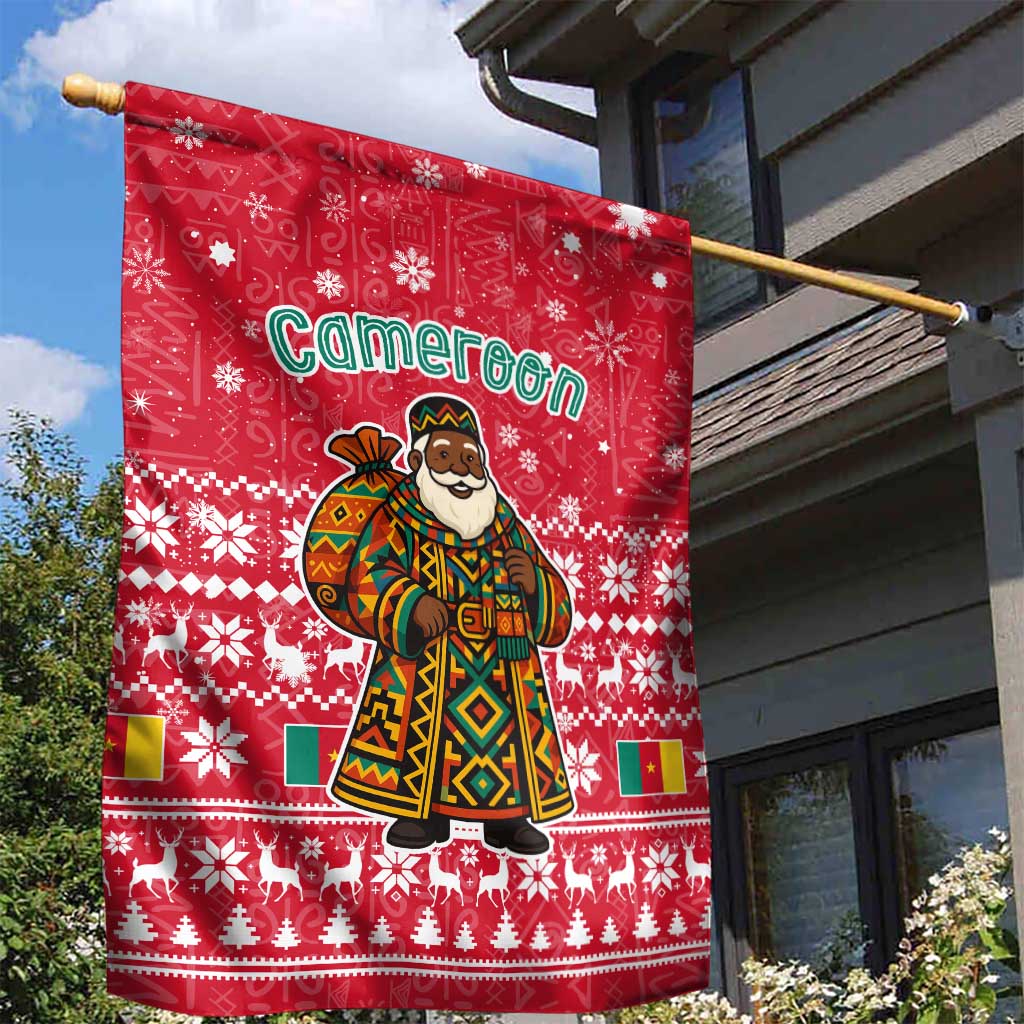 Cameroon Christmas Garden Flag with Red Snowflake Pattern Traditional Santa and Map Motif - Wonder Print Shop