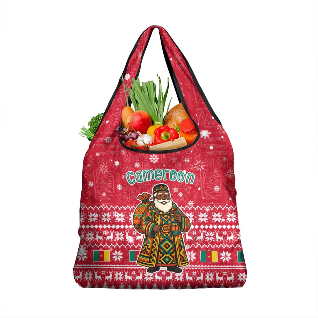 Cameroon Christmas Grocery Bag with Red Snowflake Pattern Traditional Santa and Map Motif - Wonder Print Shop