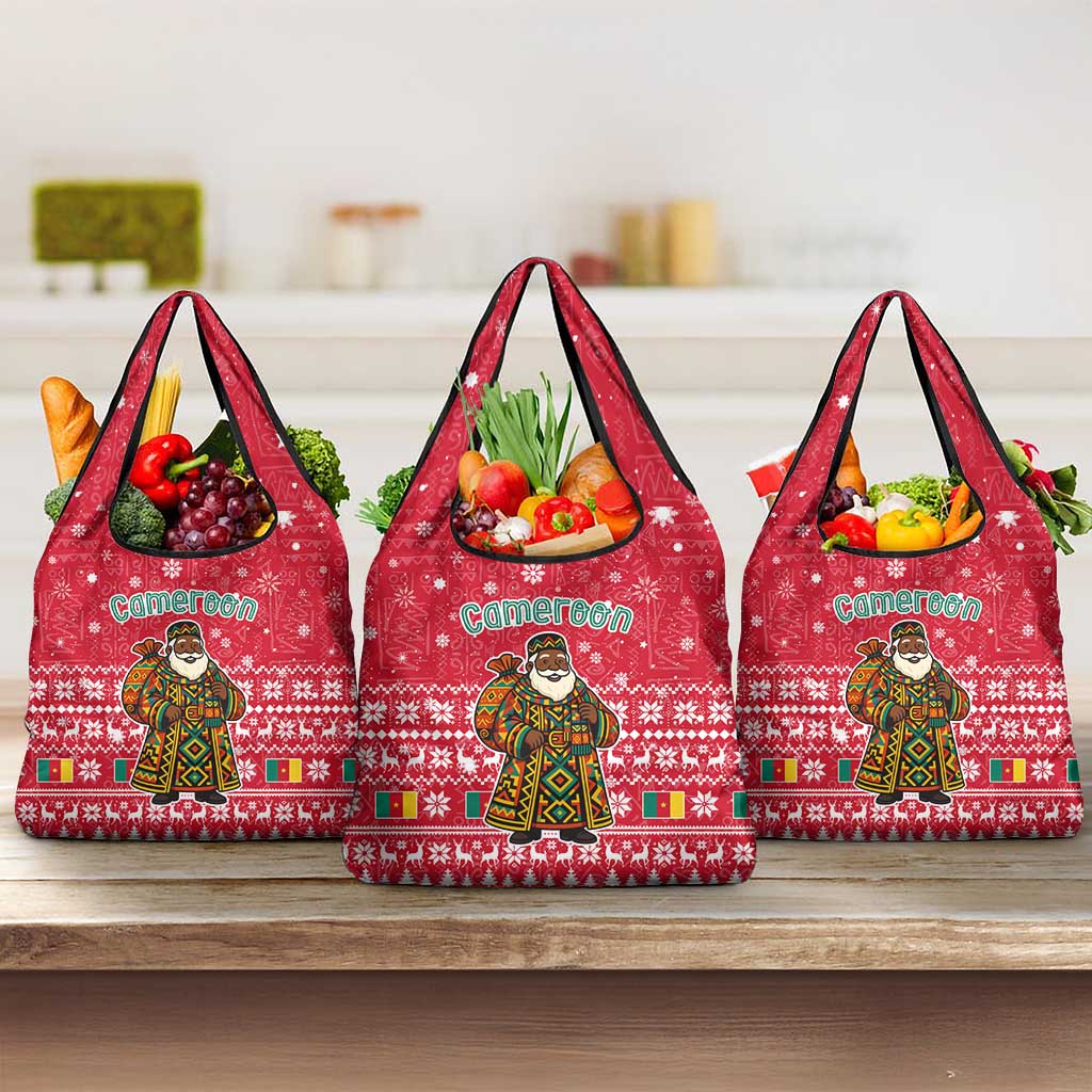 Cameroon Christmas Grocery Bag with Red Snowflake Pattern Traditional Santa and Map Motif - Wonder Print Shop
